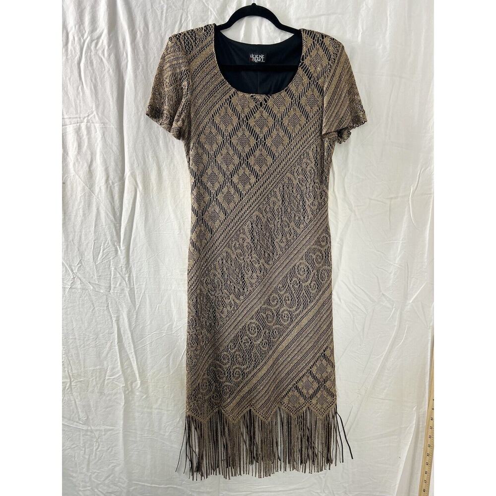Helene Blake Dress Womens Sz 6 Crochet Fringe Tan Black Boho‎ Midi Party Flapper